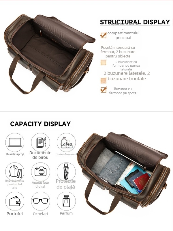 Marunte geantă de voiaj din piele naturală pentru bărbați, curea crossbody, Crazy Horse, capacitate 36–55 L, căptușeală poliester