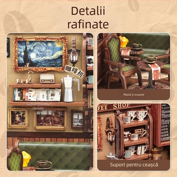 Model arhitectural din lemn DIY 3D: Corner Coffee Shop, alimentare cu baterie, necesită asamblare, CuteBee
