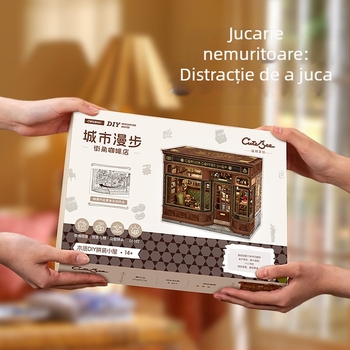 Model arhitectural din lemn DIY 3D: Corner Coffee Shop, alimentare cu baterie, necesită asamblare, CuteBee
