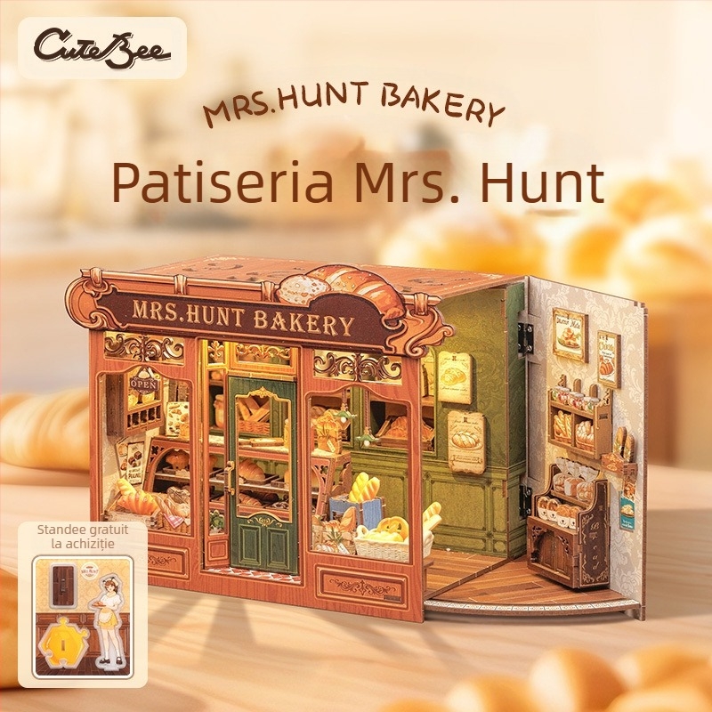 Model arhitectural din lemn DIY 3D: Corner Coffee Shop, alimentare cu baterie, necesită asamblare, CuteBee