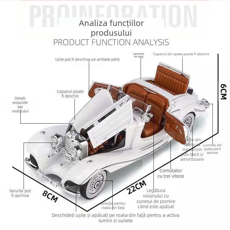 Model de mașină clasic din aliaj cu sunet și lumină, pentru copii 7–14 ani