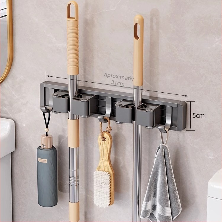 Suport montat pe perete pentru mop și mătură | aluminiu spațial | sarcină de 10 kg | proces de oxidare | finisaj oxidat | stil lux ușor