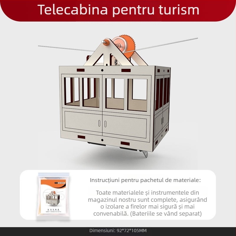Set educațional din lemn STEM: model de telegondolă cu coș suspendat, DIY, electric, multifuncțional, pentru copii 7–14