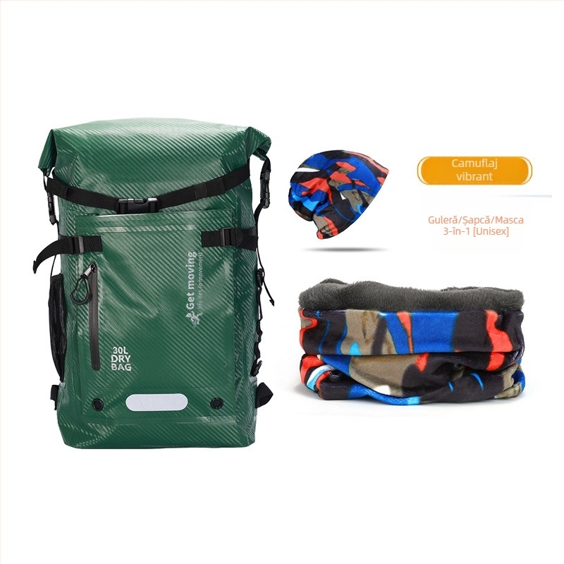 Rucsac impermeabil din fibră de carbon, 30L, cu separare uscat–umed și mai multe buzunare