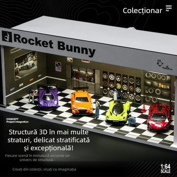 Model auto la scară 1:64 pentru expoziție într-o cutie din PVC, cu scenă de garaj și iluminare; asamblare necesară; personalizabil după desene