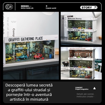 Model auto la scară 1:64 pentru expoziție într-o cutie din PVC, cu scenă de garaj și iluminare; asamblare necesară; personalizabil după desene