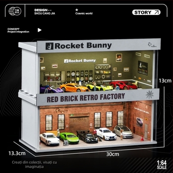 Model auto la scară 1:64 pentru expoziție într-o cutie din PVC, cu scenă de garaj și iluminare; asamblare necesară; personalizabil după desene