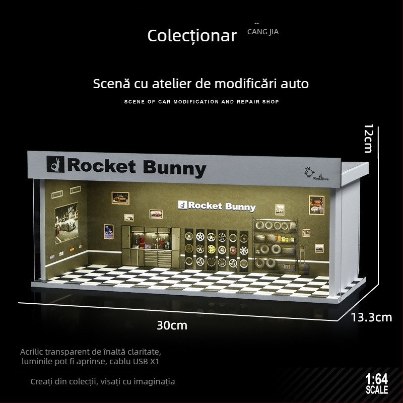 Model auto la scară 1:64 pentru expoziție într-o cutie din PVC, cu scenă de garaj și iluminare; asamblare necesară; personalizabil după desene