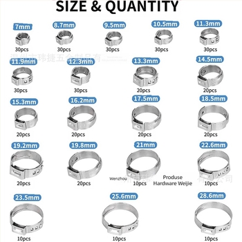 Weijie clemă infinită din oțel inoxidabil – inel de urechi simplu, diametru nominal 5–28.6, diametru de prindere 5–28.6, interval de aplicație 7–21