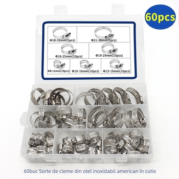 Set de coliere pentru furtun din oțel inoxidabil, stil american, ambalat în cutie, 60 bucăți, pentru conducte, diametru nominal 8–44 mm