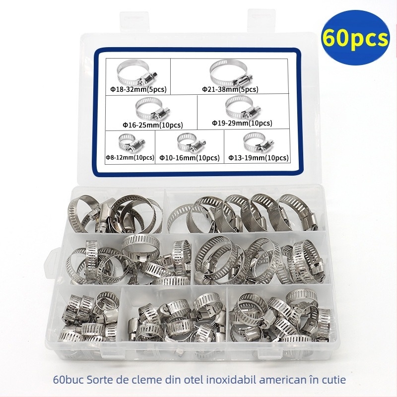 Set de coliere pentru furtun din oțel inoxidabil, stil american, ambalat în cutie, 60 bucăți, pentru conducte, diametru nominal 8–44 mm