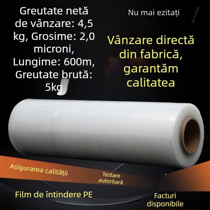 Film de înfășurare – PE transparent, cu vâscozitate mare, greutate netă 4 kg, origine: Linyi, Shandong; marcă: Jiachuang