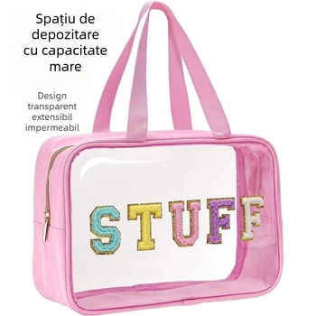 Geantă cosmetică transparentă din PVC, cu capacitate mare, cu litere brodate, impermeabilă, organizator de călătorie multifuncțional