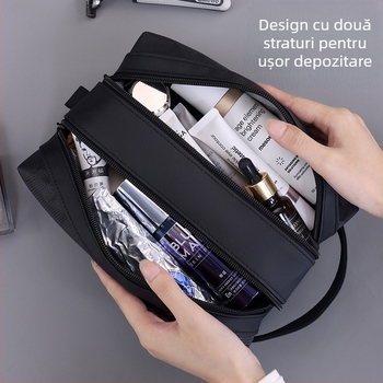 Geantă de toaletă cu separare uscat-umed, fermoar dublu, unisex, impermeabilă, stil Business Elite (Material: folie + țesătură oxford jacquard; Captuseală: poliester; Funcție: impermeabilă; Separare uscat-umed; Gen: Unisex)