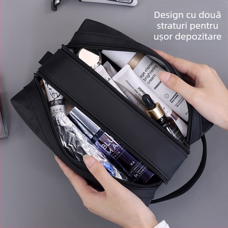 Geantă de toaletă cu separare uscat-umed, fermoar dublu, unisex, impermeabilă, stil Business Elite (Material: folie + țesătură oxford jacquard; Captuseală: poliester; Funcție: impermeabilă; Separare uscat-umed; Gen: Unisex)