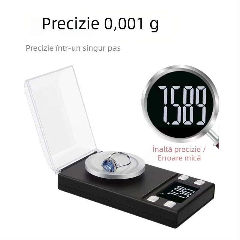 Cântar electronic pentru bijuterii, compact, precizie de 0.001 g, modelul 118; game de cântărire 20 g/0.001 g, 50 g/0.001 g, 100 g/0.001 g; măsurare electronică; alimentare cu 2 baterii AAA.
