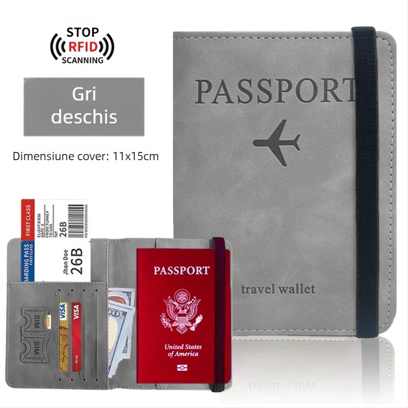 Carcasă pentru pașaport cu protecție RFID — PU, husă pașaport multifuncțională cu slot pentru SIM și spațiu pentru carduri