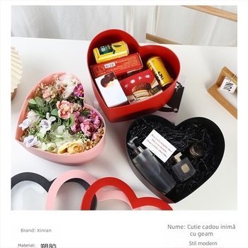 Cutie de cadou pentru flori în formă de inimă, cu două compartimente și fereastră transparentă, din plastic, gravură la cald, toleranță 5 mm