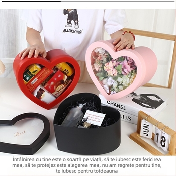 Cutie de cadou pentru flori în formă de inimă, cu două compartimente și fereastră transparentă, din plastic, gravură la cald, toleranță 5 mm