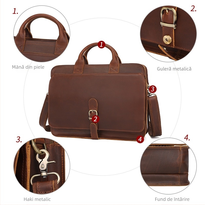 Geantă pentru bărbați - piele naturală, servietă orizontală, compatibilă cu laptop 15,6 inch, închidere cu fermoar, buzunare interne pentru laptop, telefon și ID