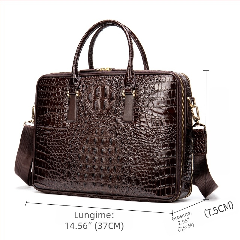 Geantă de afaceri din piele naturală, model crocodil, din piele de vițel din primul strat, căptușeală poliester, rezistentă la uzură