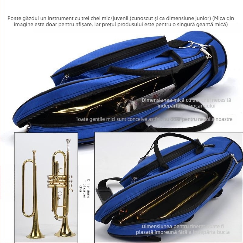 Geantă pentru instrument muzical trompetă, material Oxford, impermeabilă, curea de umăr curbată, buzunar exterior convex, căptușeală din țesătură nețesută