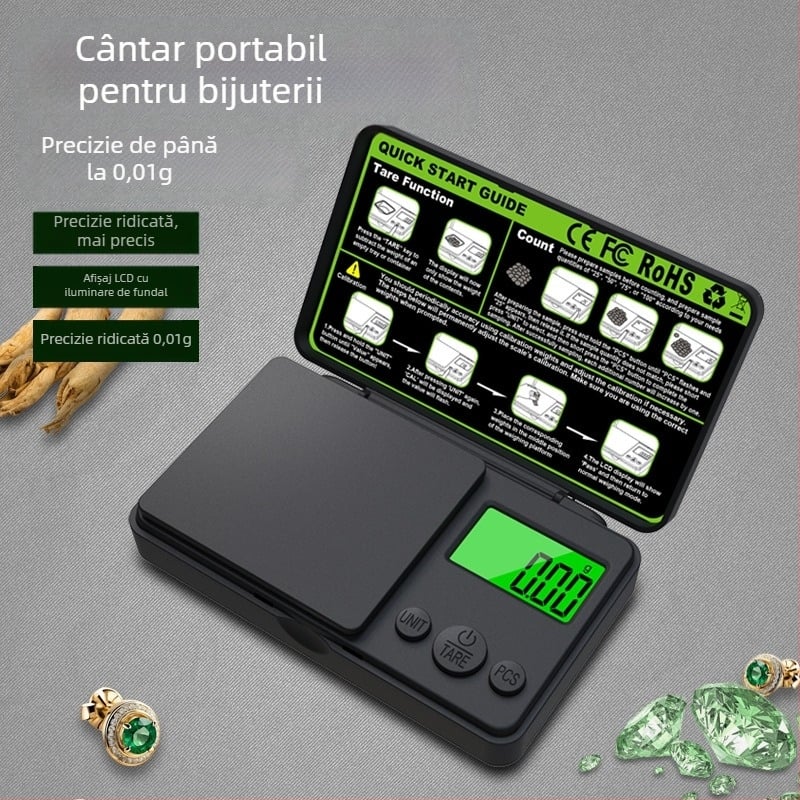 Noul model cu iluminare verde de fundal, cântar de buzunar 1000 g, cântar pentru bijuterii 0,01 carate, compact