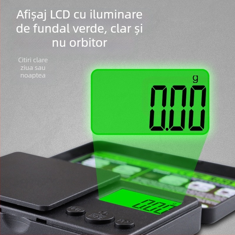 Noul model cu iluminare verde de fundal, cântar de buzunar 1000 g, cântar pentru bijuterii 0,01 carate, compact