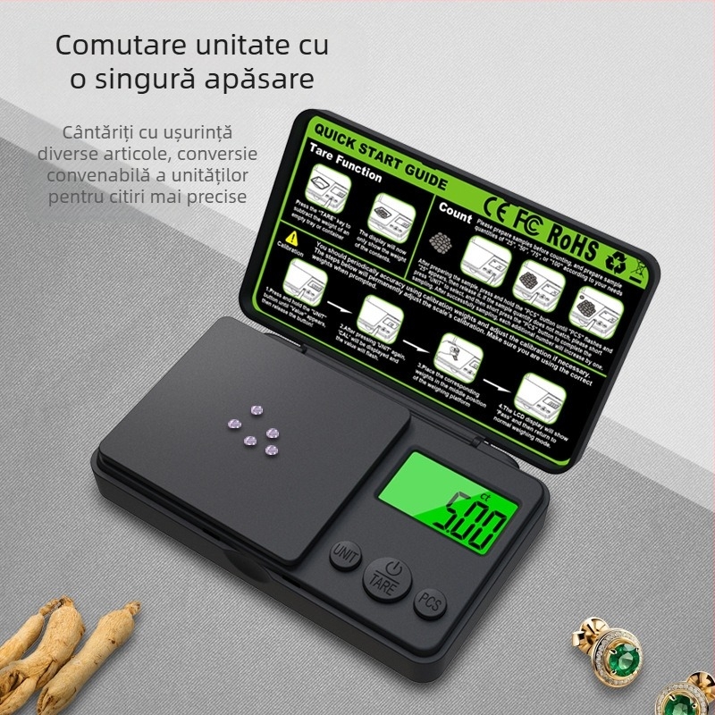 Noul model cu iluminare verde de fundal, cântar de buzunar 1000 g, cântar pentru bijuterii 0,01 carate, compact