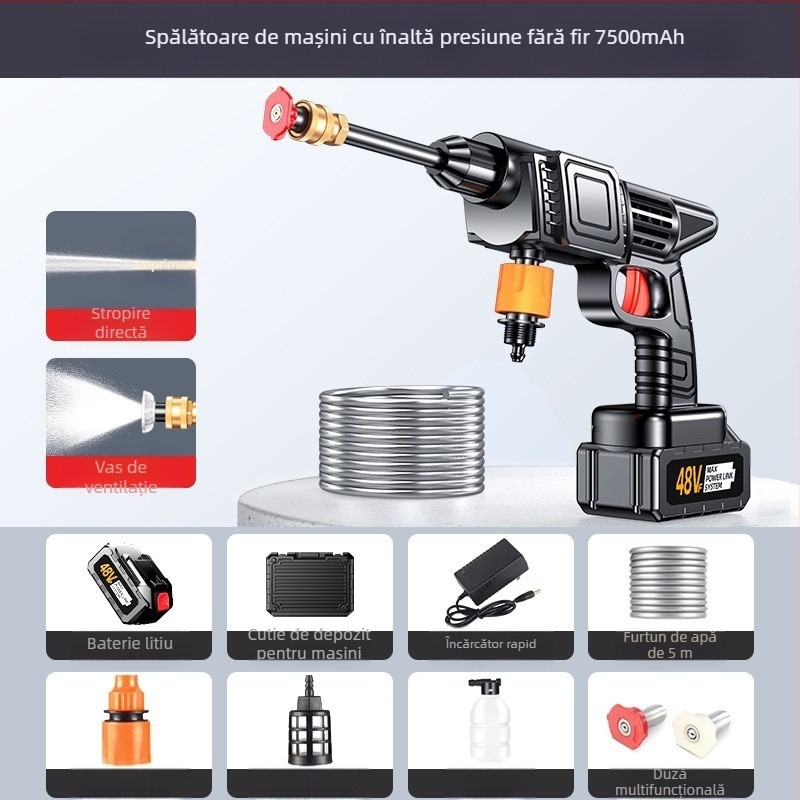 Dispozitiv portabil pentru spălarea mașinilor, fără fir, cu baterie litiu; presiune maximă 50 bar, putere 800 W, rezervor 10 L, debit 2–3 L/min