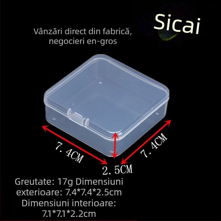 Cutie pătrată transparentă din PP pentru depozitare, cu capac, pentru jucării și bijuterii