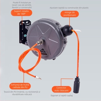 Rolă automată retractabilă pentru furtun de aer destinat uzului auto, Taiyi, carcasă din ABS, presiune de lucru 5-8 kg.