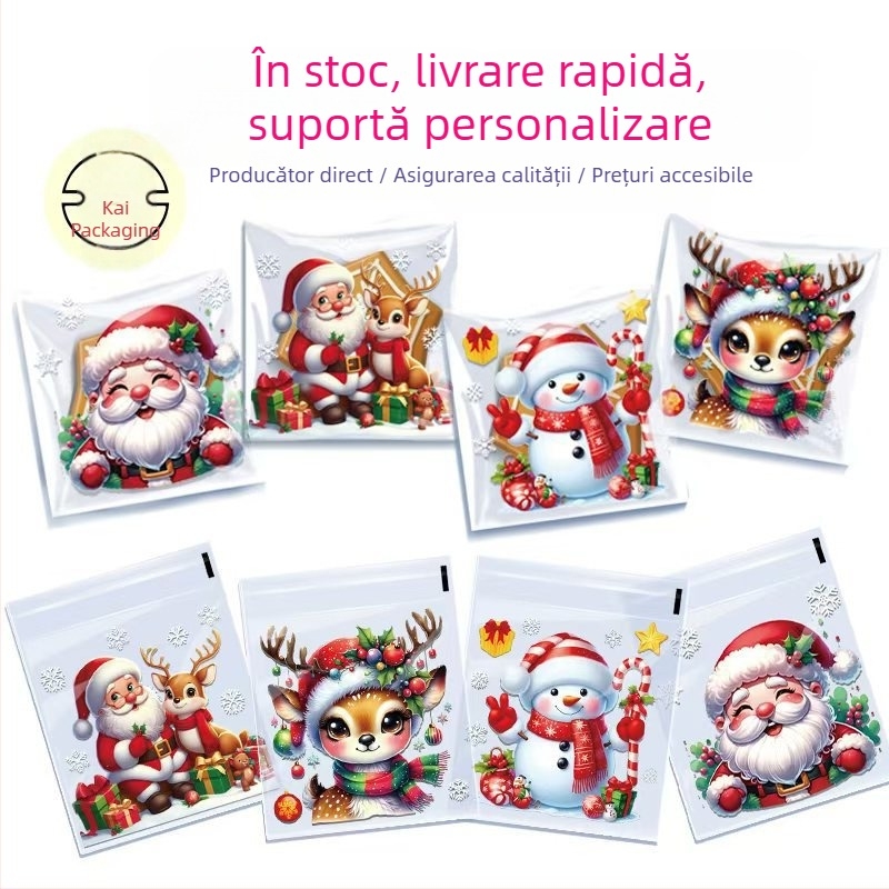 Sac de cadouri autoadeziv de Crăciun, cu motiv cartoon, senzație premium (Materiale: OPP + PET + CPP; Utilizare: depozitare și ambalare bijuterii; Brand: Kega)