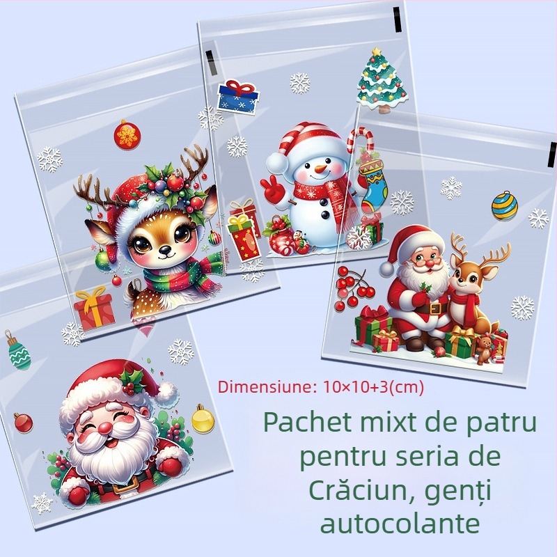 Sac de cadouri autoadeziv de Crăciun, cu motiv cartoon, senzație premium (Materiale: OPP + PET + CPP; Utilizare: depozitare și ambalare bijuterii; Brand: Kega)