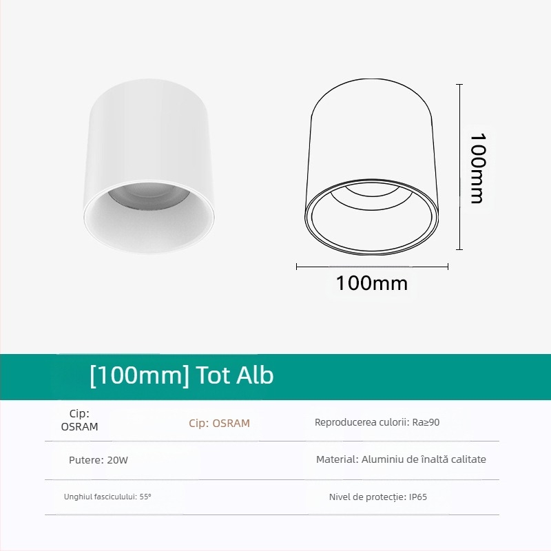 Downlight LED rotund, montat pe suprafață, anti-reflexie, CRI ≥90, 3000–6500K