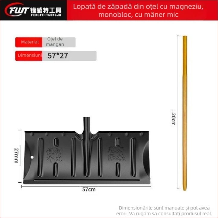 Lopată de zăpadă din oțel mangan, construcție monobloc, întărită prin călire și margine întărită, cu roată, pentru îndepărtarea zăpezii afară
