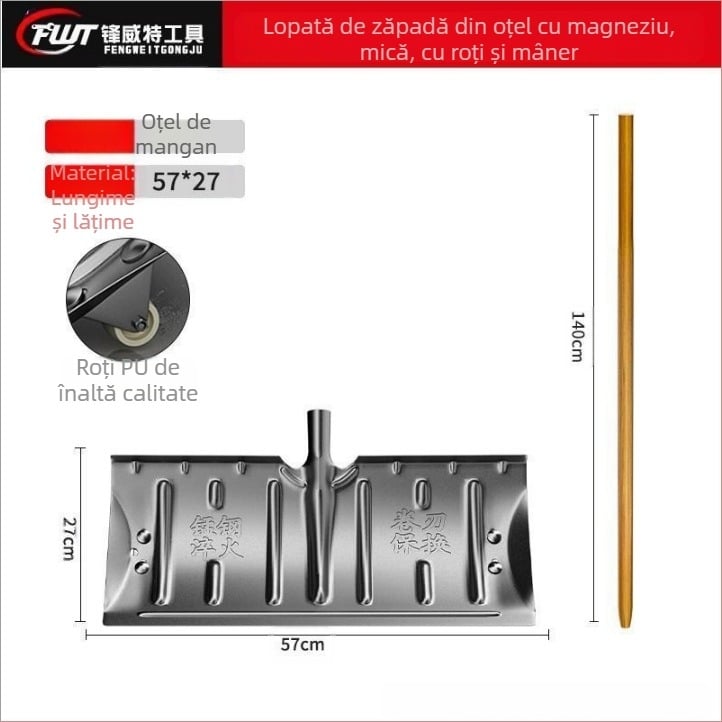 Lopată de zăpadă din oțel mangan, construcție monobloc, întărită prin călire și margine întărită, cu roată, pentru îndepărtarea zăpezii afară
