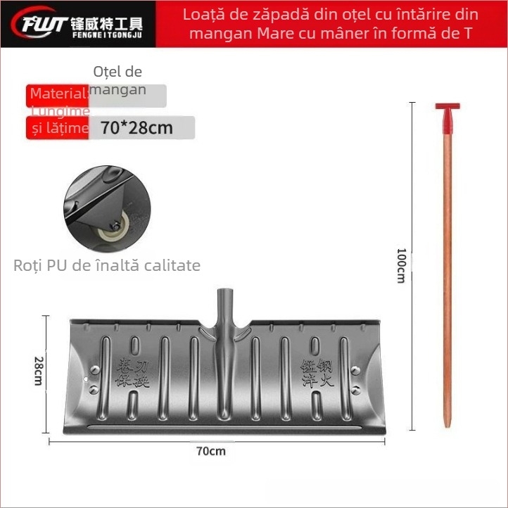Lopată de zăpadă din oțel mangan, construcție monobloc, întărită prin călire și margine întărită, cu roată, pentru îndepărtarea zăpezii afară
