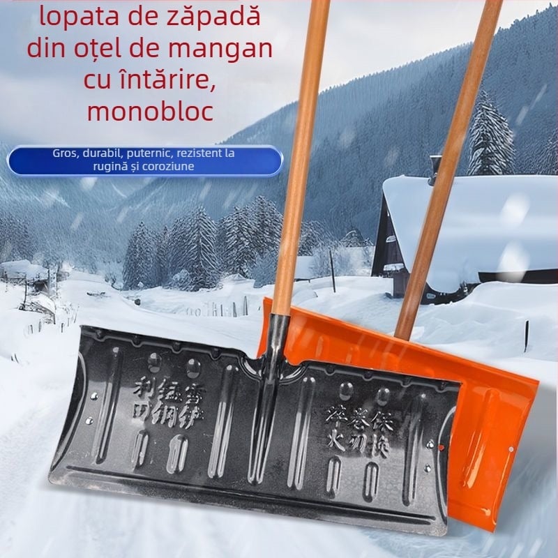 Lopată de zăpadă din oțel mangan, construcție monobloc, întărită prin călire și margine întărită, cu roată, pentru îndepărtarea zăpezii afară