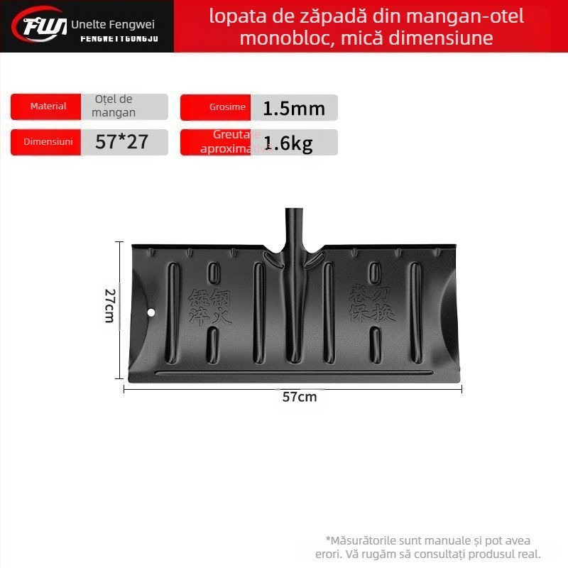 Lopată de zăpadă din oțel mangan, construcție monobloc, întărită prin călire și margine întărită, cu roată, pentru îndepărtarea zăpezii afară