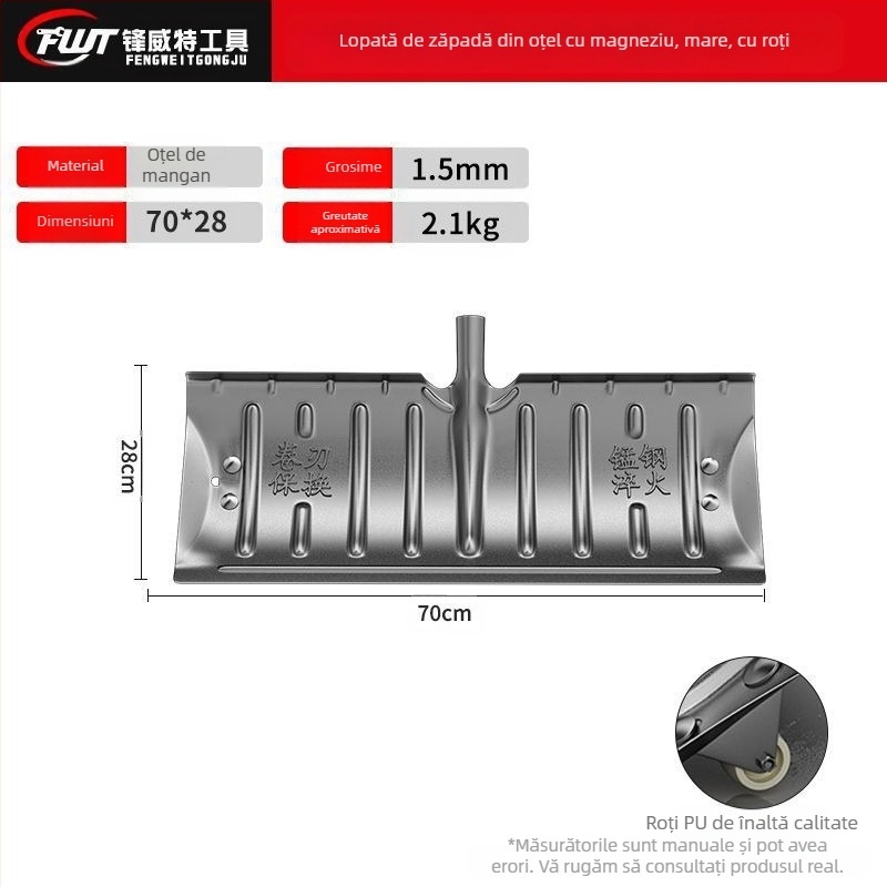 Lopată de zăpadă din oțel mangan, construcție monobloc, întărită prin călire și margine întărită, cu roată, pentru îndepărtarea zăpezii afară