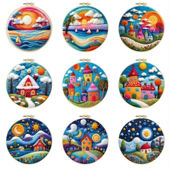 Kit DIY Pictură din Filc cu Cadru de Broderie – pânză de in, model flori de lavandă, include filc, fire, ace metalice, masă de lucru din spumă, suport pentru broderie