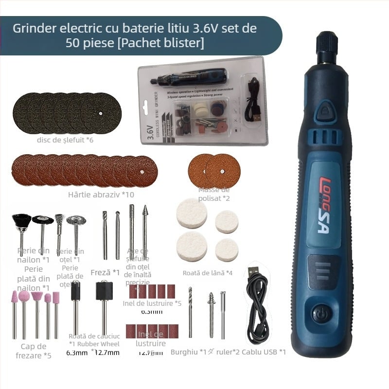 Unealtă portabilă electrică pentru lustruire și gravură pe jad, cu cap de freză, baterie Li-ion, 3.7V, cablu 0.6 m, greutate 0.5 kg