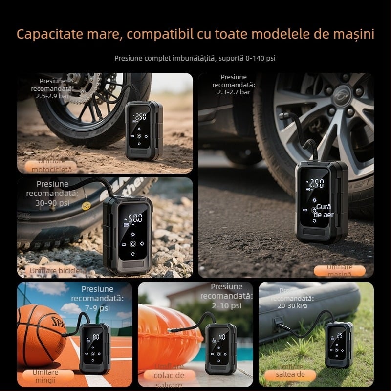 Umflător fără fir pentru anvelope auto și biciclete - 11.1V, 25 L/min, <80W, afișaj digital, alimentare duală
