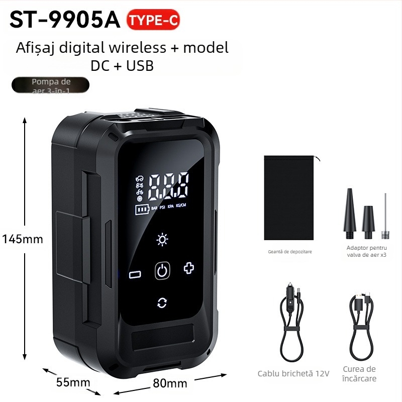 Umflător fără fir pentru anvelope auto și biciclete - 11.1V, 25 L/min, <80W, afișaj digital, alimentare duală