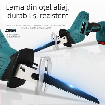 Fierăstrău sabie reciproc cu baterie litiu reîncărcabilă de 21V; pentru tăierea lemnului, a metalului și a plasticului; include încărcător și lamă de fierăstrău