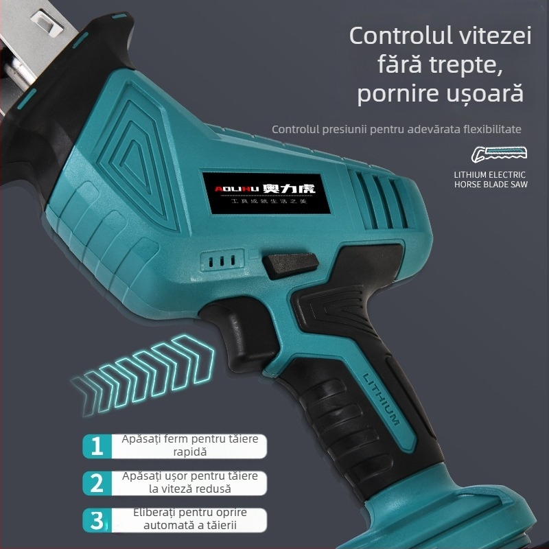 Fierăstrău sabie reciproc cu baterie litiu reîncărcabilă de 21V; pentru tăierea lemnului, a metalului și a plasticului; include încărcător și lamă de fierăstrău
