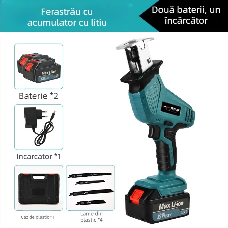 Fierăstrău sabie reciproc cu baterie litiu reîncărcabilă de 21V; pentru tăierea lemnului, a metalului și a plasticului; include încărcător și lamă de fierăstrău