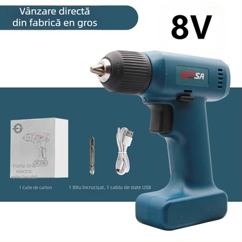 Bormașină de mână cu acumulator 8V, reîncărcabilă, avans/retrogradare