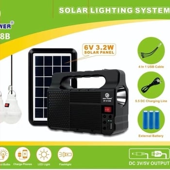 Sistem solar portabil LED – proiector și lanternă, baterie 3600, ieșire 5V, panou PV 555, frecvență 50–60 Hz